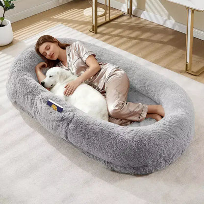 Human Dog Bed  65 x 41 x 12 Giant Faux Fur Bean Bag Bed with Handle, Removable Cover, Side Pocket & Egg-Crate Orthopedic Foam (Brown)
