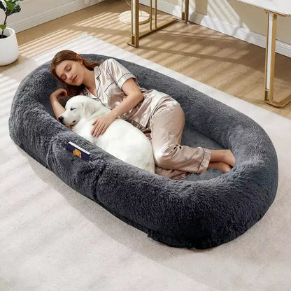 Human Dog Bed  65 x 41 x 12 Giant Faux Fur Bean Bag Bed with Handle, Removable Cover, Side Pocket & Egg-Crate Orthopedic Foam (Brown)