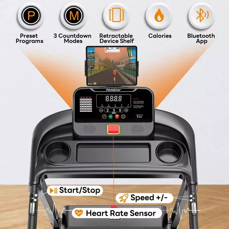 Treadmill for Home with Incline, Folding Treadmill 300lbs Capacity, 0.6-7.5MPH, APP Control, Shock Absorption, 64+3+3+1 Program