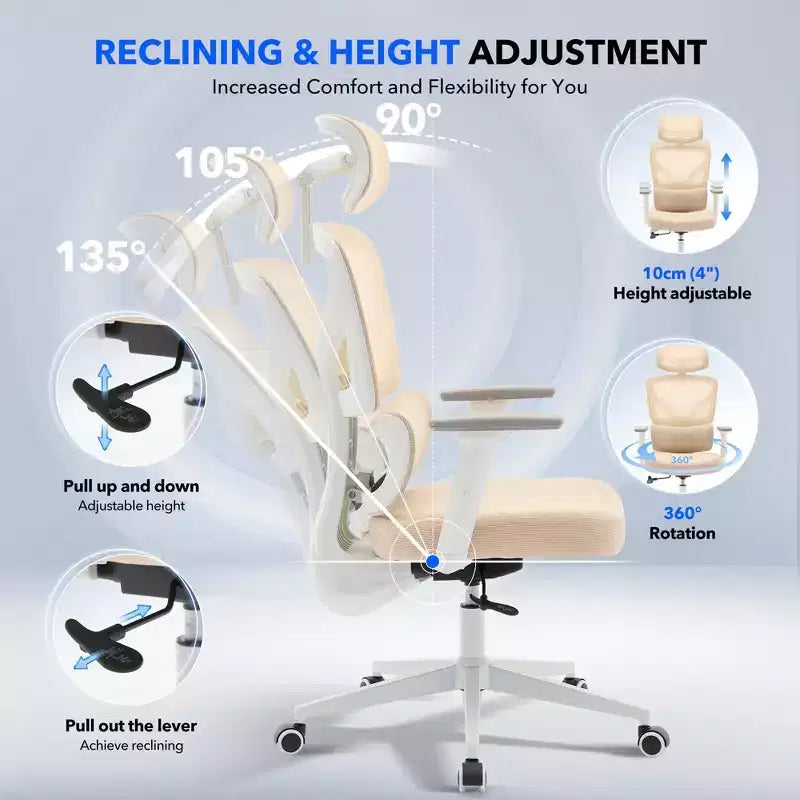 High-Back Ergonomic Office Chair  Breathable Mesh Gaming Chair with Adjustable Lumbar & 3D Armrests