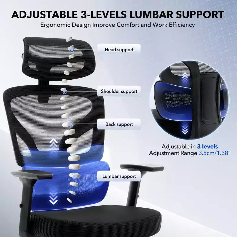 High-Back Ergonomic Office Chair  Breathable Mesh Gaming Chair with Adjustable Lumbar & 3D Armrests