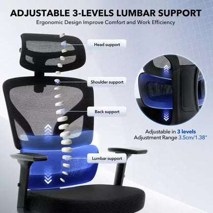 High-Back Ergonomic Office Chair  Breathable Mesh Gaming Chair with Adjustable Lumbar & 3D Armrests