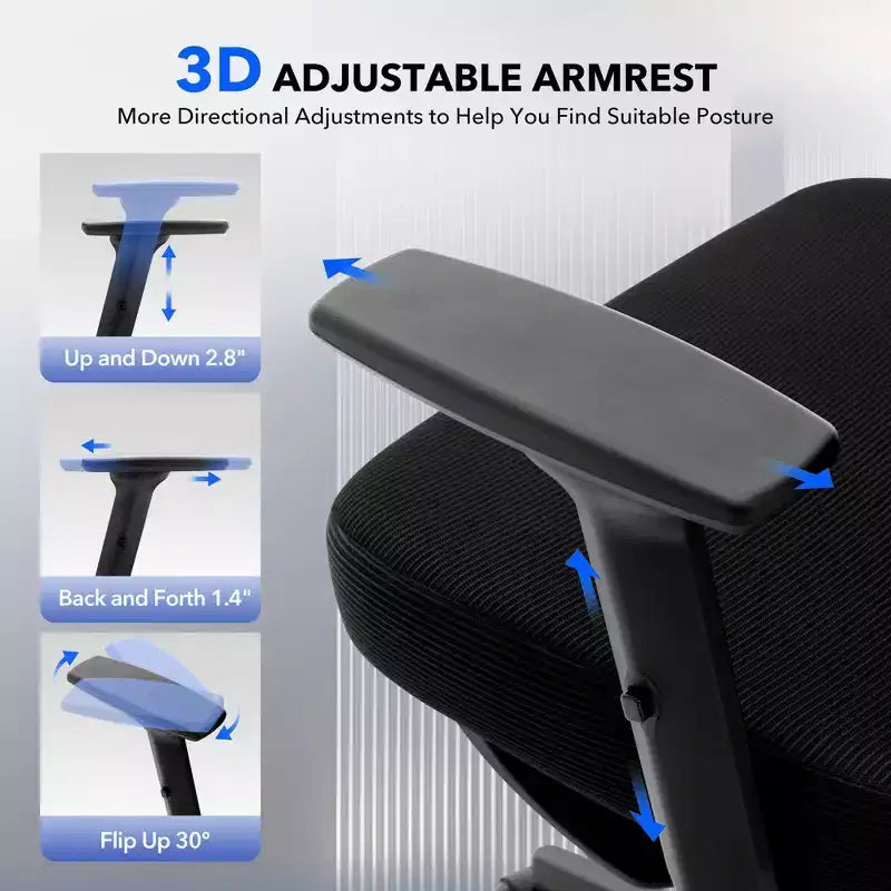 High-Back Ergonomic Office Chair  Breathable Mesh Gaming Chair with Adjustable Lumbar & 3D Armrests