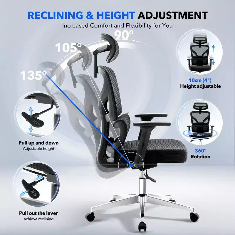 High-Back Ergonomic Office Chair  Breathable Mesh Gaming Chair with Adjustable Lumbar & 3D Armrests