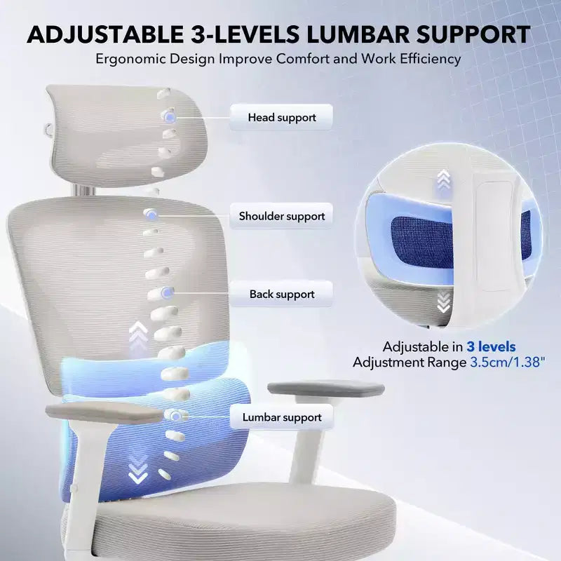 High-Back Ergonomic Office Chair  Breathable Mesh Gaming Chair with Adjustable Lumbar & 3D Armrests
