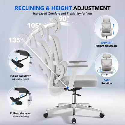 High-Back Ergonomic Office Chair  Breathable Mesh Gaming Chair with Adjustable Lumbar & 3D Armrests