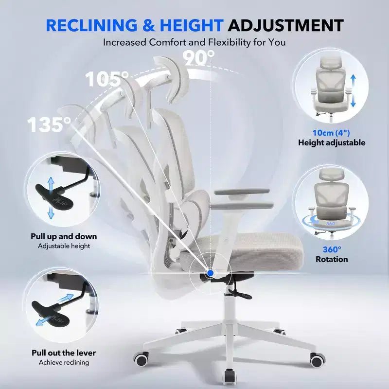 High-Back Ergonomic Office Chair  Breathable Mesh Gaming Chair with Adjustable Lumbar & 3D Armrests