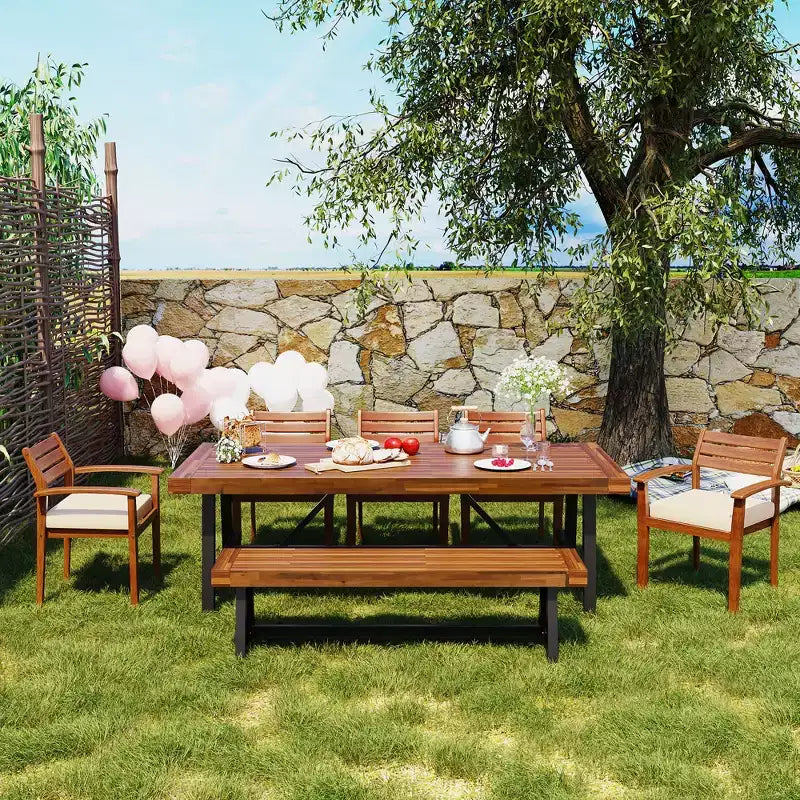CLIHOME Outdoor Wood Dining Set For 7-8 Person, Outdoor Dining Furniture With Removable Cushions, Ergonomic Chairs And Bench