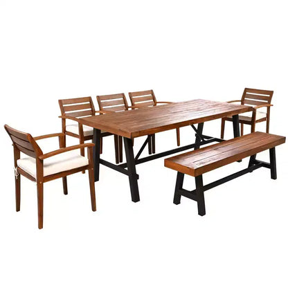 CLIHOME Outdoor Wood Dining Set For 7-8 Person, Outdoor Dining Furniture With Removable Cushions, Ergonomic Chairs And Bench