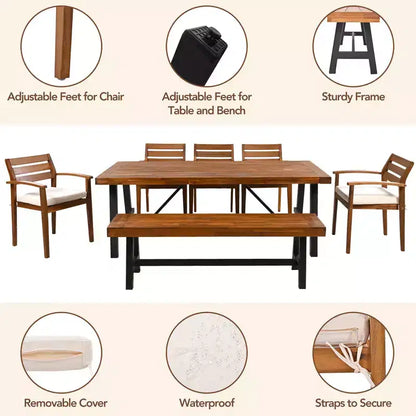 CLIHOME Outdoor Wood Dining Set For 7-8 Person, Outdoor Dining Furniture With Removable Cushions, Ergonomic Chairs And Bench