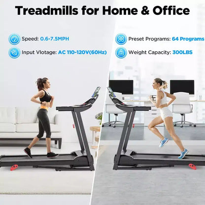 Folding Treadmill 2.75HP Quiet Motor 300 lbs Capacity 64 Preset Programs 3-Level Manual Incline Home Gym