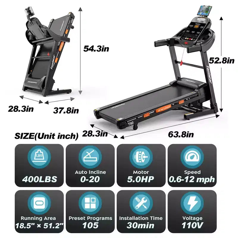 5HP 20% Auto Incline Treadmill w/, 400lb Capacity Folding Treadmill,12MPH Fast Speed,105 Smart Program,APP Control,Walking Running Treadmill for Home