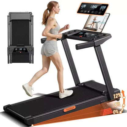 15% Manual Incline Treadmill with Handle Bar, 3-Screen Display Foldable Walking Pad, 3.0HP Quiet Motor, 0.67.0 MPH, Home Treadmill