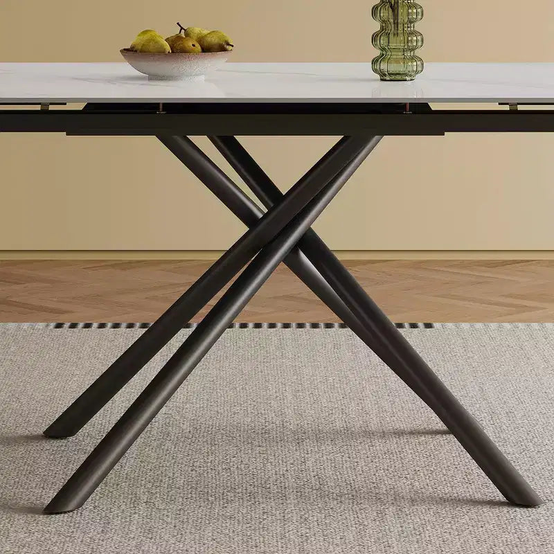 MAYEERTY Table à Manger Escamotable en Pierre Frittée, Pieds en Croix en Acier Carbone Noir Rectangulaires Modernes, Table + 4 Chaises