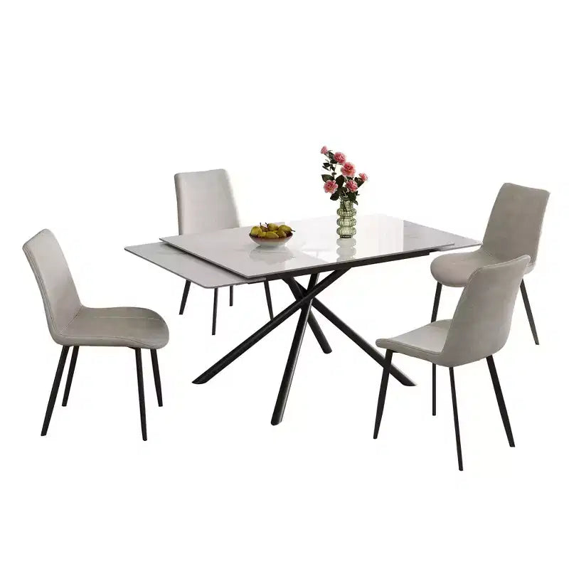 MAYEERTY Table à Manger Escamotable en Pierre Frittée, Pieds en Croix en Acier Carbone Noir Rectangulaires Modernes, Table + 4 Chaises