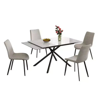 MAYEERTY Table à Manger Escamotable en Pierre Frittée, Pieds en Croix en Acier Carbone Noir Rectangulaires Modernes, Table + 4 Chaises