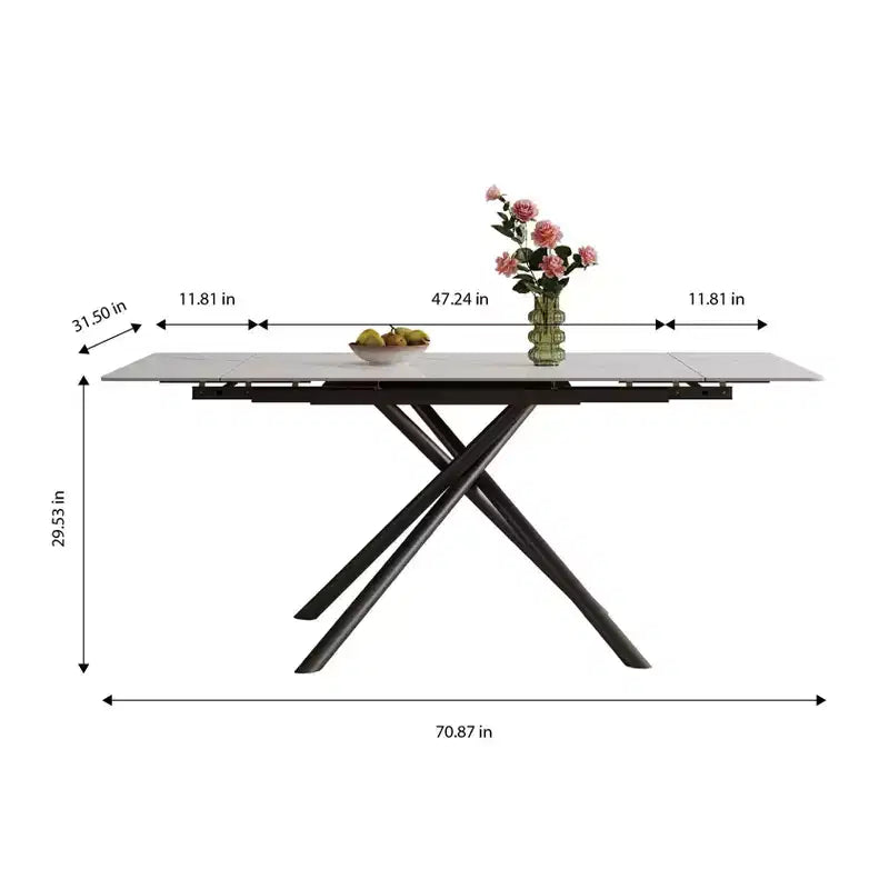 MAYEERTY Table à Manger Escamotable en Pierre Frittée, Pieds en Croix en Acier Carbone Noir Rectangulaires Modernes, Table + 4 Chaises