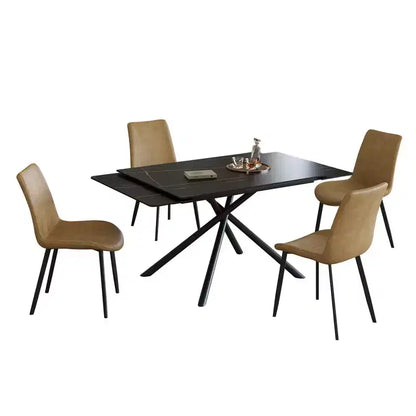 MAYEERTY Table à Manger Escamotable en Pierre Frittée, Pieds en Croix en Acier Carbone Noir Rectangulaires Modernes, Table + 4 Chaises