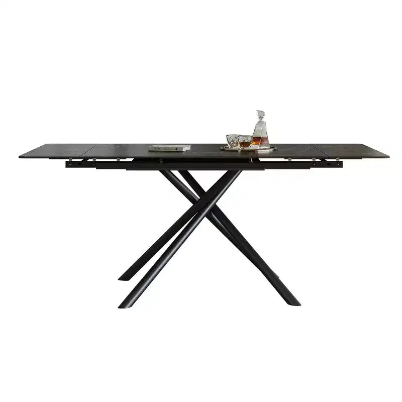 MAYEERTY Table à Manger Escamotable en Pierre Frittée, Pieds en Croix en Acier Carbone Noir Rectangulaires Modernes, Table + 4 Chaises