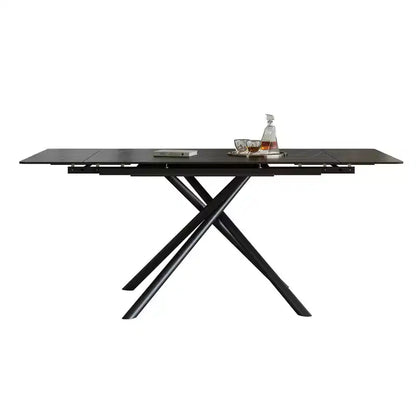 MAYEERTY Table à Manger Escamotable en Pierre Frittée, Pieds en Croix en Acier Carbone Noir Rectangulaires Modernes, Table + 4 Chaises