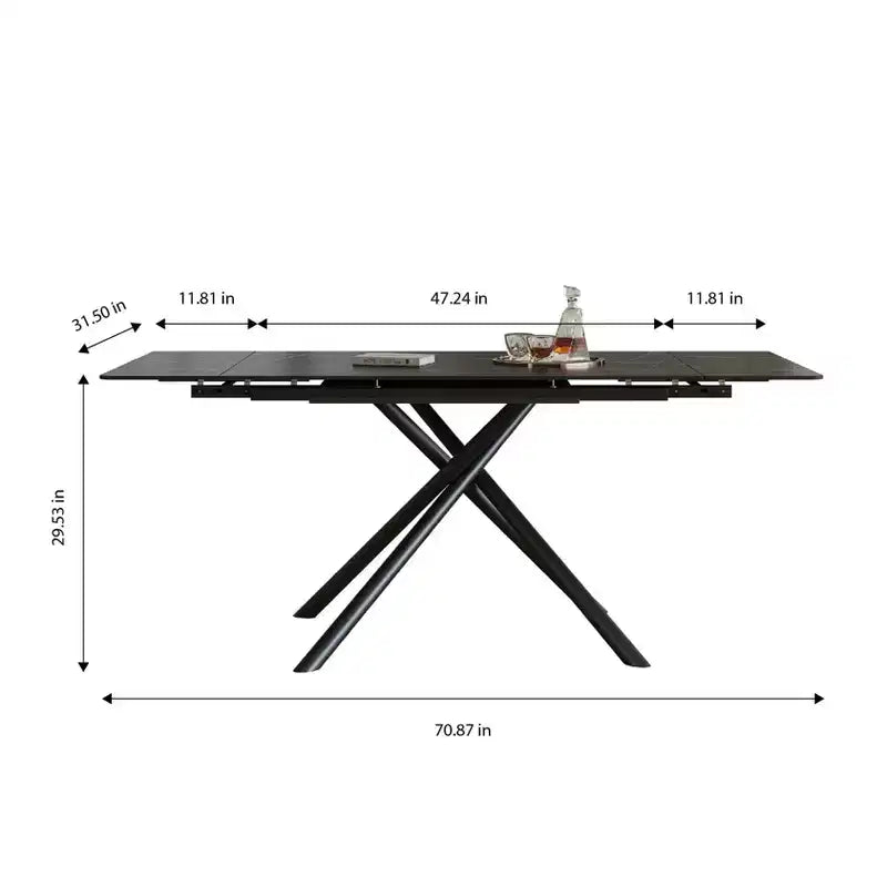 MAYEERTY Table à Manger Escamotable en Pierre Frittée, Pieds en Croix en Acier Carbone Noir Rectangulaires Modernes, Table + 4 Chaises