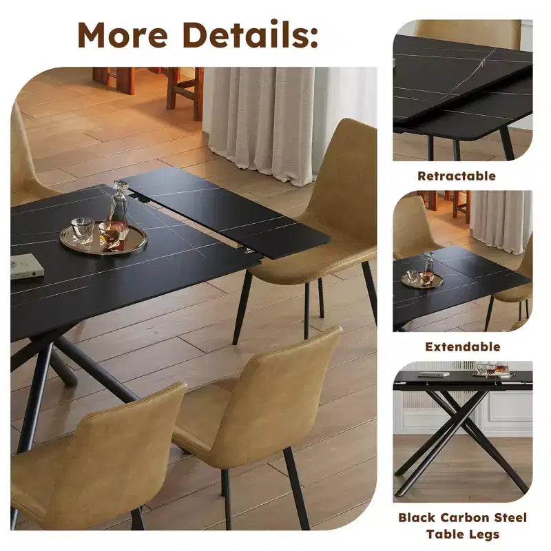 MAYEERTY Table à Manger Escamotable en Pierre Frittée, Pieds en Croix en Acier Carbone Noir Rectangulaires Modernes, Table + 4 Chaises