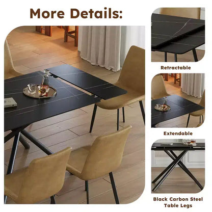 MAYEERTY Table à Manger Escamotable en Pierre Frittée, Pieds en Croix en Acier Carbone Noir Rectangulaires Modernes, Table + 4 Chaises