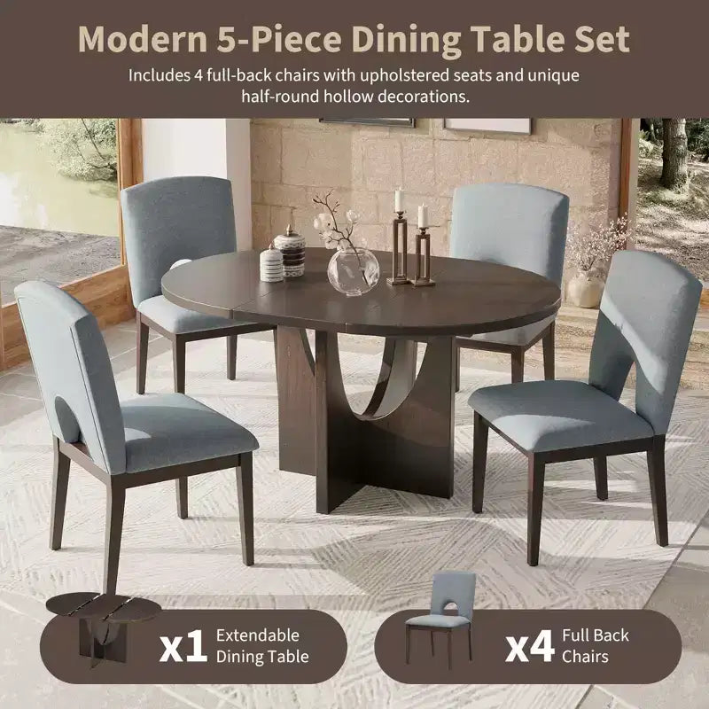 MAYEERTY 5-Piece Modern Extendable Round Dining Table Set, 16.2 Leaf Small Space Table Set, Espresso + Gray
