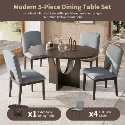 MAYEERTY 5-Piece Modern Extendable Round Dining Table Set, 16.2 Leaf Small Space Table Set, Espresso + Gray