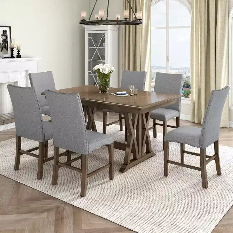 MAYEERTY 7-Piece Mid-Century Solid Wood Extendable Dining Table Set, 12 Leaf, Upholstered Chairs for 6 Person, Golden Brown + Gray