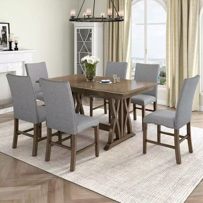 MAYEERTY 7-Piece Mid-Century Solid Wood Extendable Dining Table Set, 12 Leaf, Upholstered Chairs for 6 Person, Golden Brown + Gray