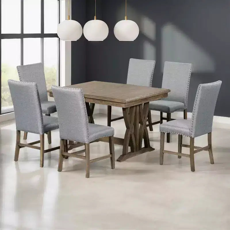 MAYEERTY 7-Piece Mid-Century Solid Wood Extendable Dining Table Set, 12 Leaf, Upholstered Chairs for 6 Person, Golden Brown + Gray