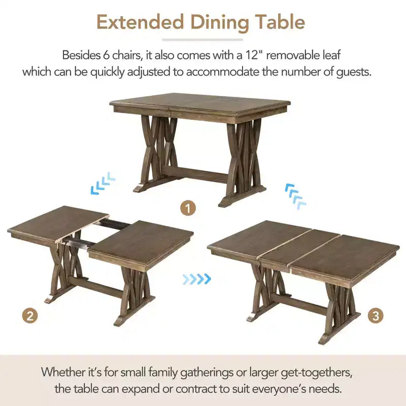 MAYEERTY 7-Piece Mid-Century Solid Wood Extendable Dining Table Set, 12 Leaf, Upholstered Chairs for 6 Person, Golden Brown + Gray
