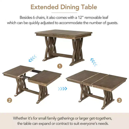 MAYEERTY 7-Piece Mid-Century Solid Wood Extendable Dining Table Set, 12 Leaf, Upholstered Chairs for 6 Person, Golden Brown + Gray