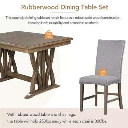 MAYEERTY 7-Piece Mid-Century Solid Wood Extendable Dining Table Set, 12 Leaf, Upholstered Chairs for 6 Person, Golden Brown + Gray