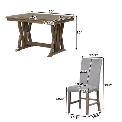MAYEERTY 7-Piece Mid-Century Solid Wood Extendable Dining Table Set, 12 Leaf, Upholstered Chairs for 6 Person, Golden Brown + Gray