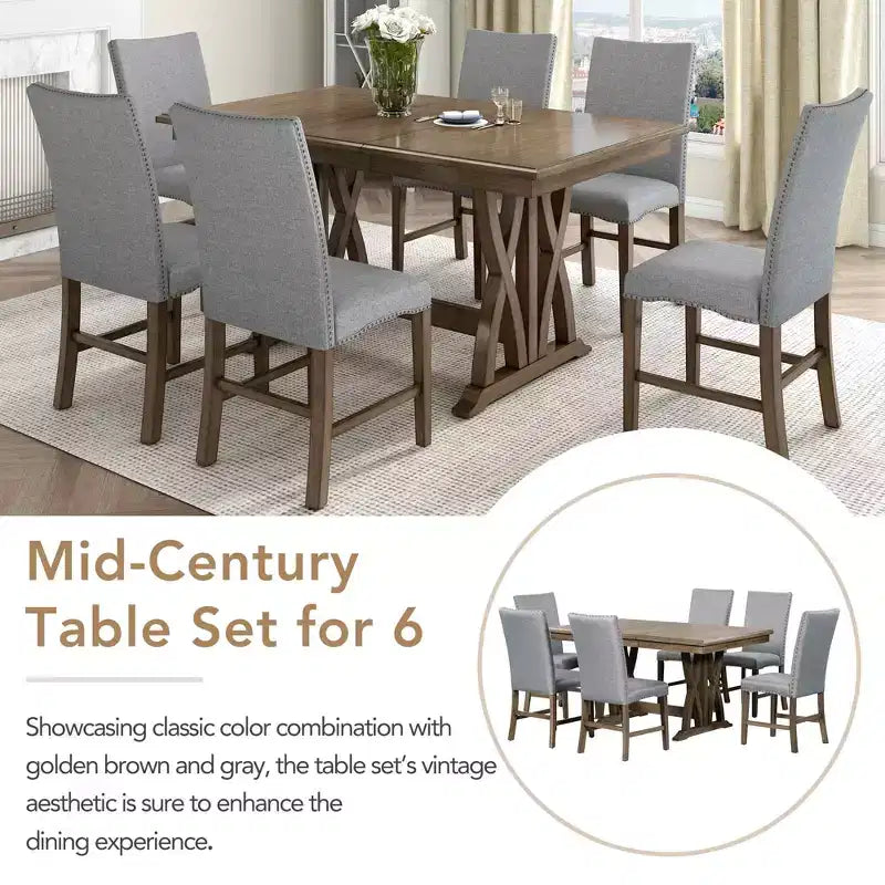 MAYEERTY 7-Piece Mid-Century Solid Wood Extendable Dining Table Set, 12 Leaf, Upholstered Chairs for 6 Person, Golden Brown + Gray