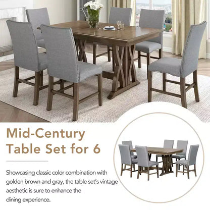 MAYEERTY 7-Piece Mid-Century Solid Wood Extendable Dining Table Set, 12 Leaf, Upholstered Chairs for 6 Person, Golden Brown + Gray