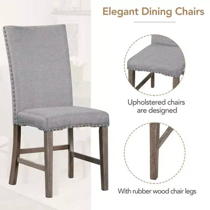 MAYEERTY 7-Piece Mid-Century Solid Wood Extendable Dining Table Set, 12 Leaf, Upholstered Chairs for 6 Person, Golden Brown + Gray