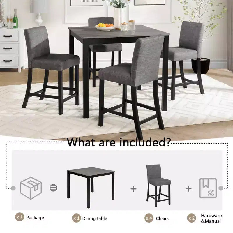 Ensemble de salle à manger en bois MAYEERTY 6 pièces, 4 chaises et banc pour 6 personnes, bicolore gris clair et noir