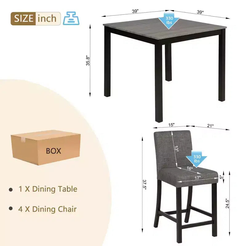 Ensemble de salle à manger en bois MAYEERTY 6 pièces, 4 chaises et banc pour 6 personnes, bicolore gris clair et noir