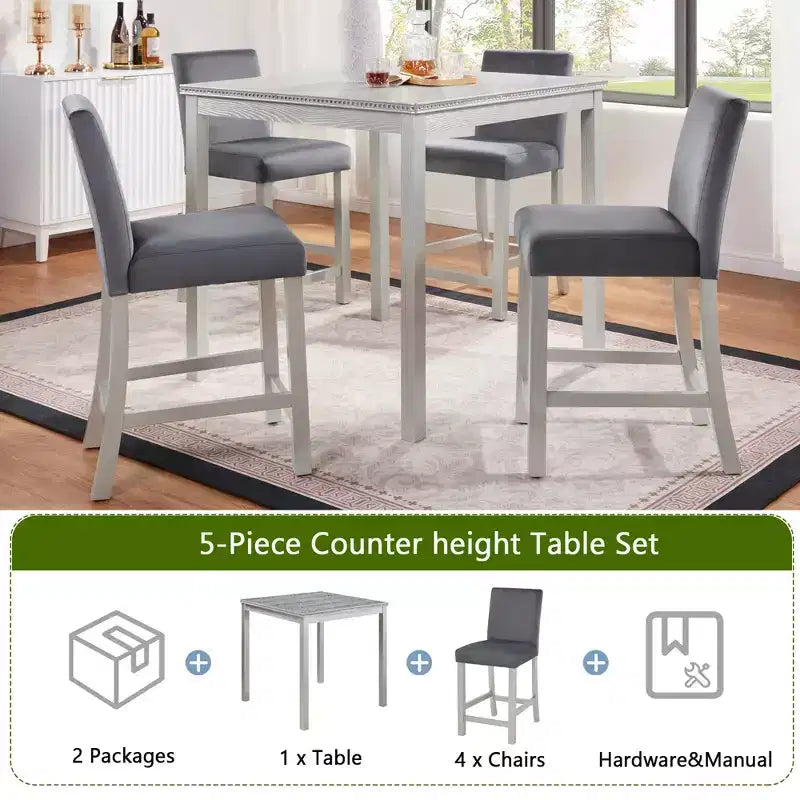 Ensemble table de bar 5 pièces MAYEERTY, table en bois et 4 chaises rembourrées