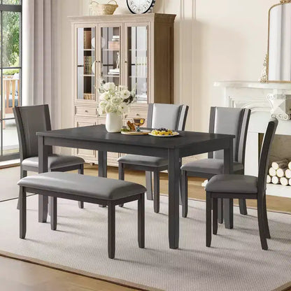 MAYEERTY 6-Piece Modern Dining Table Set, Wooden Table with 4 Chairs & Bench, Grey