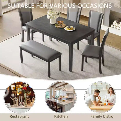 MAYEERTY 6-Piece Modern Dining Table Set, Wooden Table with 4 Chairs & Bench, Grey