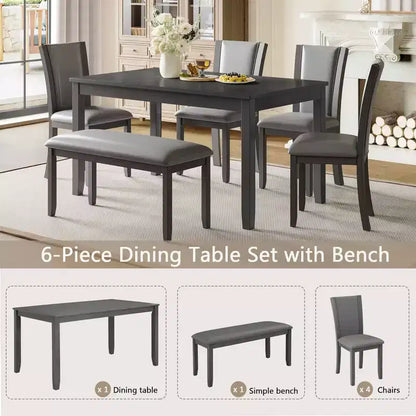 MAYEERTY 6-Piece Modern Dining Table Set, Wooden Table with 4 Chairs & Bench, Grey
