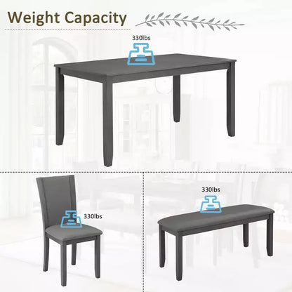 MAYEERTY 6-Piece Modern Dining Table Set, Wooden Table with 4 Chairs & Bench, Grey