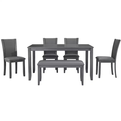 MAYEERTY 6-Piece Modern Dining Table Set, Wooden Table with 4 Chairs & Bench, Grey