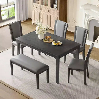 MAYEERTY 6-Piece Modern Dining Table Set, Wooden Table with 4 Chairs & Bench, Grey