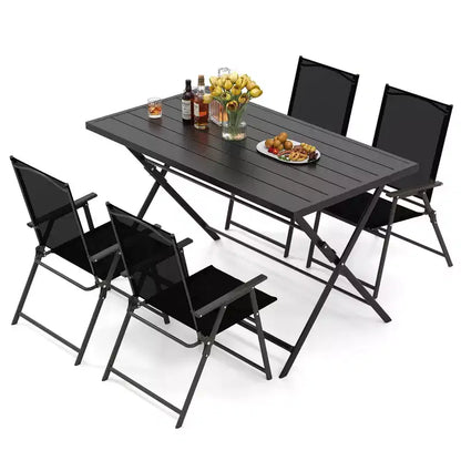 Costway 5 PCS Foldable Outdoor Dining Set,Large Rectangular Metal Table 4 Mesh Armchairs Black