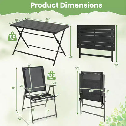 Costway 5 PCS Foldable Outdoor Dining Set,Large Rectangular Metal Table 4 Mesh Armchairs Black